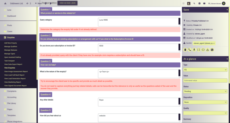 Lead processing and enquiry handling with Luna WMS – Oddineers Ltd.